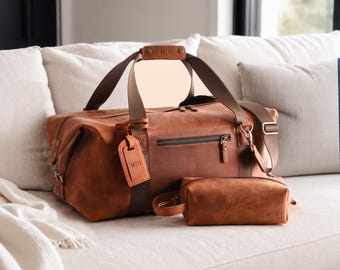 Personalized Leather Travel Bag Set, Embossed Duffle Bag with Trolley Sleeve, Dopp Kit & Luggage Tag, Groomsmen Gift, 3rd Anniversary
