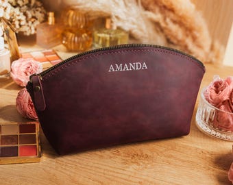 Personalized Leather Cosmetic Bag for Women, Custom Monogrammed Toiletry Pouch, Best Gifts for Her