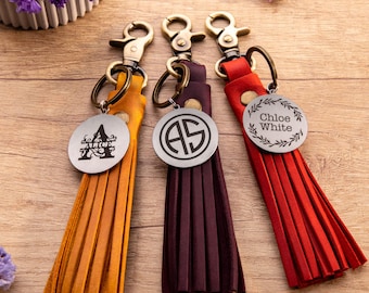 Custom Long Tassel Keychain for Her, Purse & Bag Charm with Personalized Steel Tag