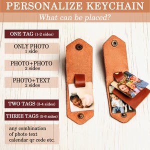 May include: Two tan leather keychain holders with metal snap buttons. The left holder displays a square photo of a baby. The right holder contains multiple layered square photo tags. Text on the image explains customization options for photos and text.