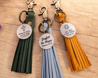 Personalized Bible Verse Bag Charm for Women, Custom Leather Tassel Keychain, Faith Encouragement Gift