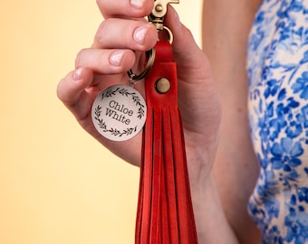 Personalized Leather Tassel Keychain for Her, Leather Tassel for Purse, Custom Bag Charm Keychain