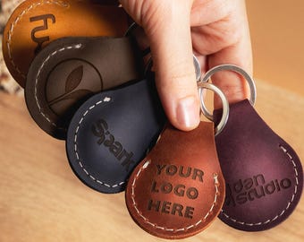 Custom Leather AirTag Holders with Laser Engraving Company Logo Keychains, Corporate Employee Gifts
