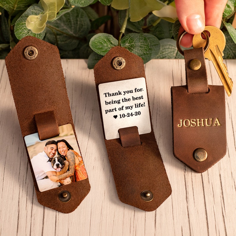 3rd Leather Anniversary Gift for Him, Custom Photo Keychain, Keychain for Men image 8