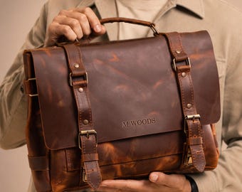 Personalized Leather Laptop Bag 16 Inch, Handmade Leather Briefcase for Men, Professional Work Bag, Custom Gift for Dad