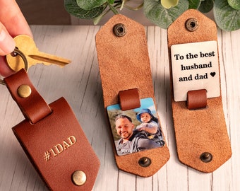Best Gift for first time Father's Day - Personalized Leather Keychain with Photo Metal Tags