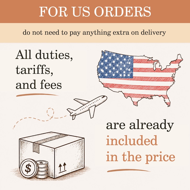 May include: An informational graphic featuring the text FOR US ORDERS, do not need to pay anything extra on delivery, All duties, tariffs, and fees are already included in the price, a sketch of the USA map with the American flag, an airplane, and a box.