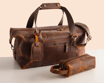 Personalized Overnight Leather Bag Set - Embossed Duffle Bag with Trolley Sleeve, Wash Bag & Luggage Tag, Husband Christmas Gift