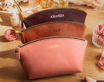 Personalized Bridesmaid Leather Makeup Bag, Custom Cosmetic Pouch