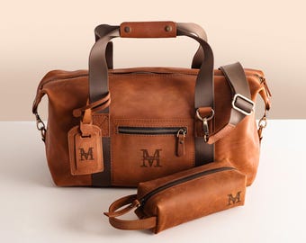 Engraved Leather Carry On Set - Medium Duffle Bag with Trolley Sleeve with Dopp Kit & Luggage Tag, Mens Travel Gift, Gift for Dad