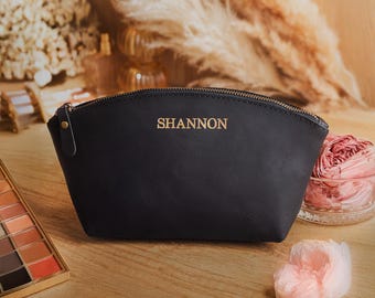 Personalized Leather Makeup Bag for Women, Anniversary Gift for Her, Engraved with Hidden Message