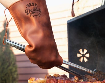 Personalized Christmas Gift: Leather Grill Mitts, Custom BBQ Gloves, Xmas Gift for Dad, Husband, Grandpa