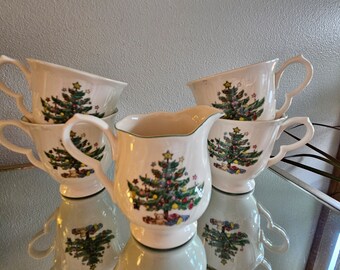 Vintage Nikko Happy Holidays Christmas Mugs and Cream Pitcher (6 Piece set)