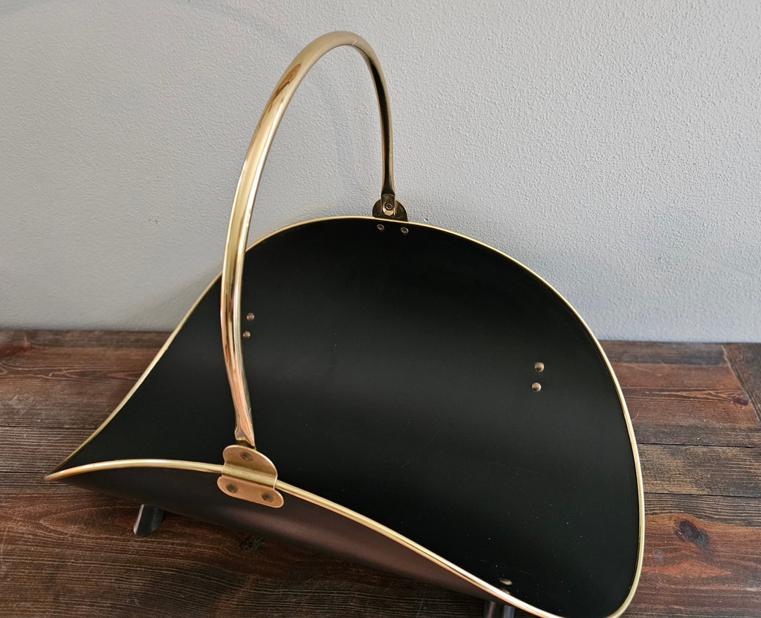 Vintage Black Metal and Brass Fireplace Wood Basket Holder Etsy