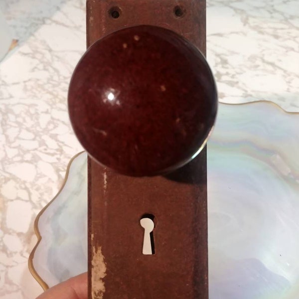 Antique Ceramic Doorknobs with Metal Hardware Plates