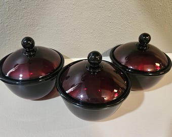 Vintage French Arcoroc Ruby Red Lidded Dishes