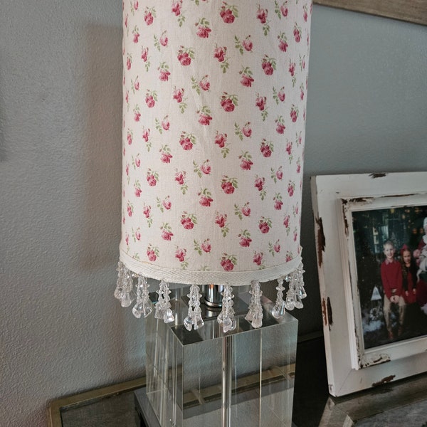 Vintage Shabby Chic Pink Floral Lamp Shade with Dangling Beads