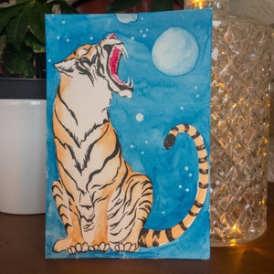 Carte Postale "the Tiger & the Moon" peinte à la main, aquarelle, env. 10 x 15 cm, Année du tigre, Nouvel an lunaire chinois