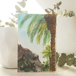 Carte Postale "under the palmtree" peinte à la main, aquarelle, 10 x 15 cm, paysage souvenir de Tenerife, Masca