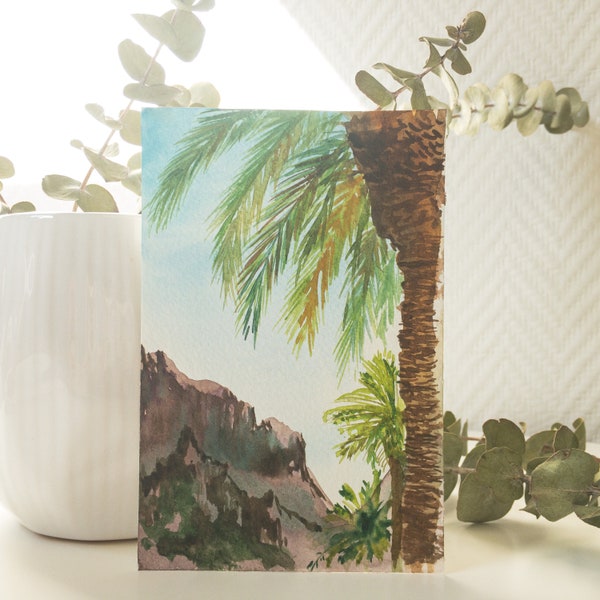 Postcard "under the palmtree" hand-painted, watercolor, 10 x 15 cm, souvenir landscape of Tenerife, Masca