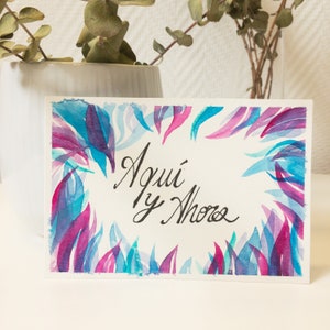 Carte Postale "Aqui y ahora"  (ici & maintenant) peinte à la main, aquarelle, 10 x 15 cm, affirmation positive, motif jungle violet et bleu