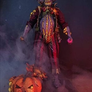 May include: A creepy clown figure with a purple and red costume, a jack-o-lantern face, and a pumpkin in front of it. The clown is holding a purple orb in its hand. The background is dark and smoky.