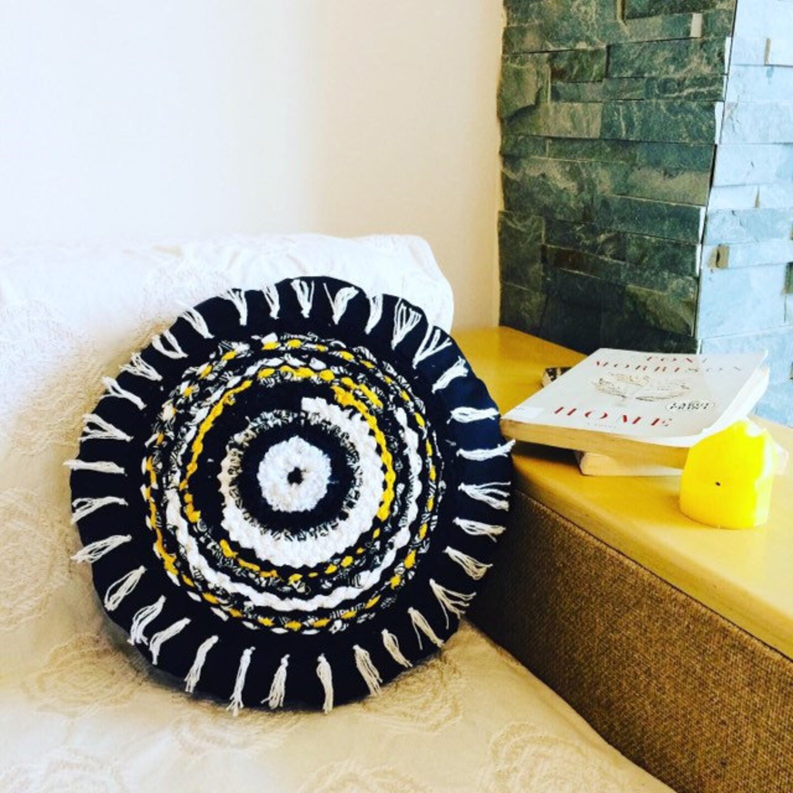 Black and White Round Pillow Cover Fringe Bohemian Accent Etsy