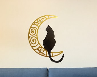 Placa de madeira com gato e lua, figura animal, gato geométrico, decoração de parede 3D, placa de gato personalizada, decoração para casa com gatinho, figura de gato, inauguração de casa