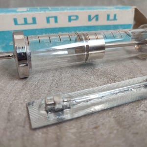 Vintage Soviet Glass Syringe 20ml, 1970s USSR Record Type, Original Box, Steampunk Medical Prop, Scientific Lab Glassware, Oddity Decor
