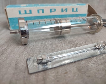 Jeringa de vidrio soviética vintage de 20 ml, tipo disco de la URSS de la década de 1970, caja original, accesorio médico steampunk, cristalería de laboratorio científico, decoración peculiar