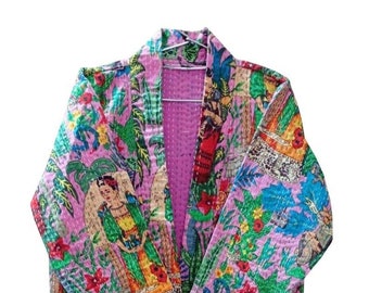 Floral Printed Bridal Robes, Kimono Robe Gift For Her, Dressing Gown, Night Wear Robes, Silk Sari kantha Kimono, Robe lover Woman Jacket