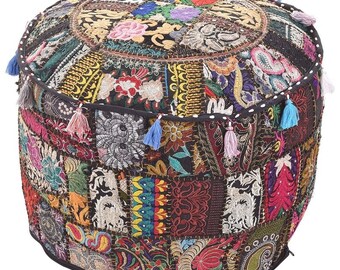 Indian Patchwork Round Ottoman Pouf Cover Embroidered Bean Bag Sitting Pouf Cover For Home Decor 22'' Decorative Ottoman Cover