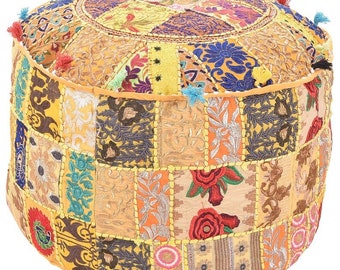 Embroidered Bean Bag Sitting Pouf Cover For Home Decor 22'' Decorative Ottoman Cover Indian Patchwork Round Ottoman Pouf Cover