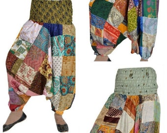 Vintage Silk Blend Saree Alibaba Harem Patchwork Pants Trousers Boho Gypsy Recycled Craft Paint Free Size Saree Harem