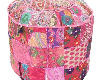 Embroidered Bean Bag Sitting Pouf Cover For Home Decor Indian Patchwork Round Ottoman Pouf Cover 22'' Decorative Ottoman Cover