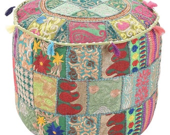 Indian Patchwork Round Ottoman Pouf Cover 22'' Decorative Ottoman Cover Embroidered Bean Bag Sitting Pouf Cover For Home Decor