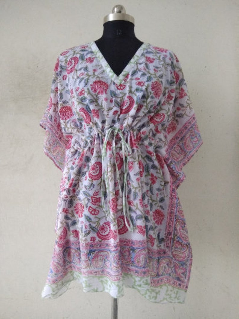 One Size Kaftan Beach Coverup Beach Dress India Kaftan Floral Print Indian Hand Block Printed Short Kaftan Pure Cotton Beach Caftan