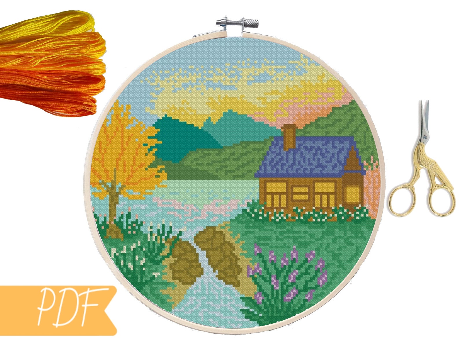 Lake cross stitch pattern landscape Nature cross stitch Etsy