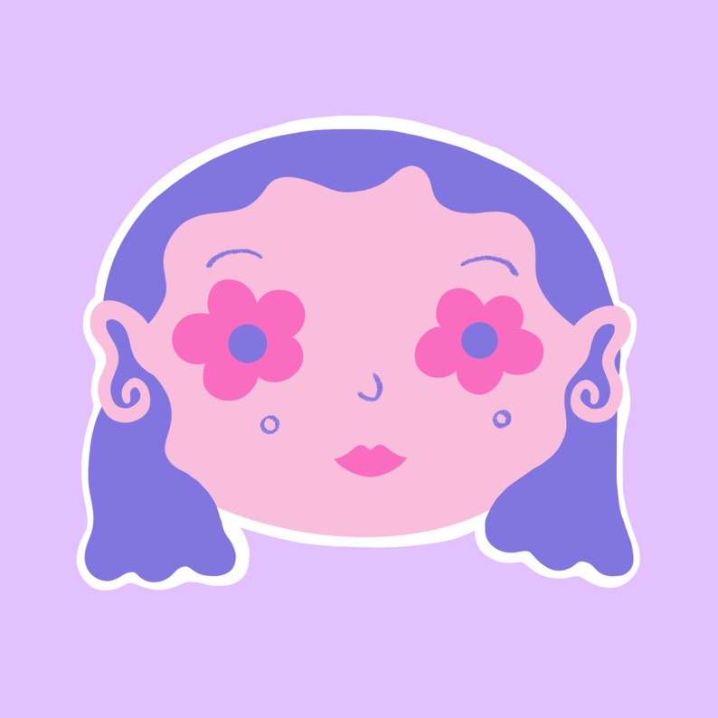 May include: A cartoon illustration of a person with purple hair and pink flowers for eyes. The person has a pink face and a pink mouth.