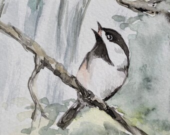 Chickadee Conversation - original watercolor of Black-capped Chickadees near a waterfall