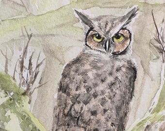 Great Horned Owl, predator, Bird of Prey, Original Watercolor of Bird