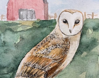 Barn owl hunting _ original watercolor painting - One of a kind