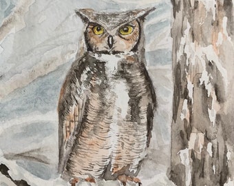 Great Horned Owl with his Puffy on - Org. Watercolor