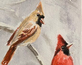 Pair of Cardinals - handpained original water color