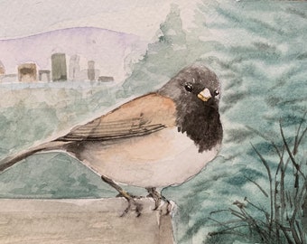 Junco Painting, Junco original watercolor, Junco artwork, Junco on Mt. Tabor Park Bench, Top of Mt Tabor, Bird Original Watercolor, Wildlife