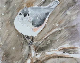 Tufted Titmouse in a Storm, original water color, bird