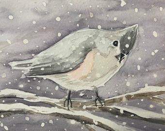 Tufted Titmouse in the snow, original watercolor, one of a kind