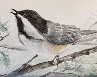 CHICKADEE SONG - original watercolor painting, handmade, one of a kind