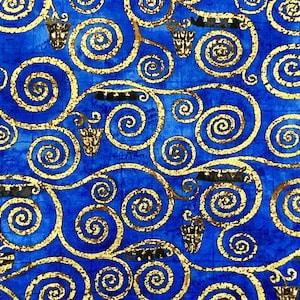 May include: A blue and gold abstract pattern with swirling lines and circles. The pattern is reminiscent of a tree of life.