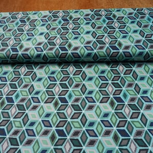 May include: Teal fabric with a geometric pattern of overlapping diamonds in shades of green, blue, and gray.